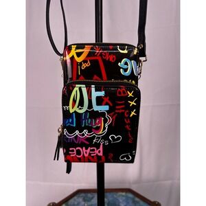 Graffiti Print Crossbody Phone Wallet Bag Purse Black Multi Color Zip